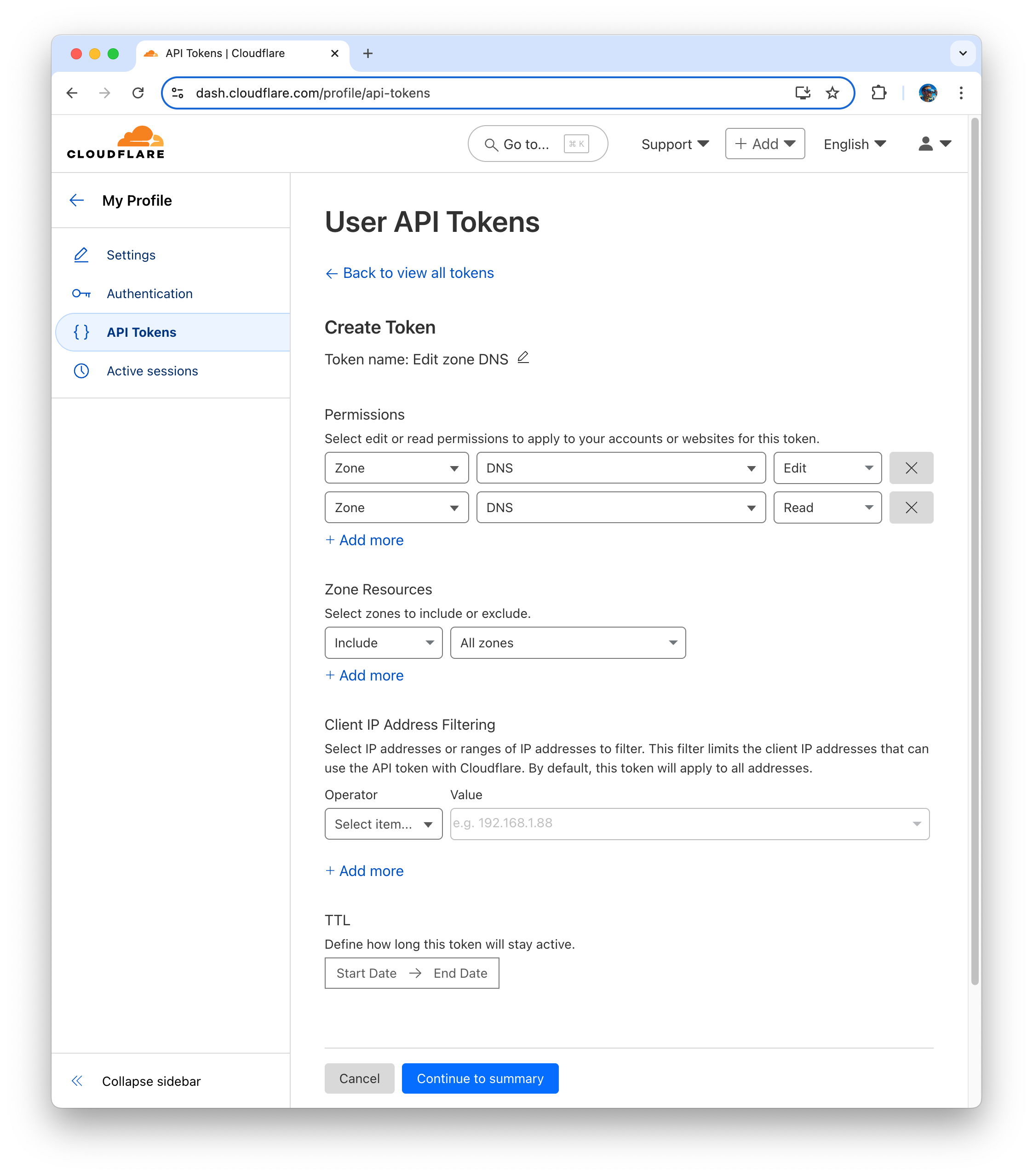 Create API token in Cloudflare