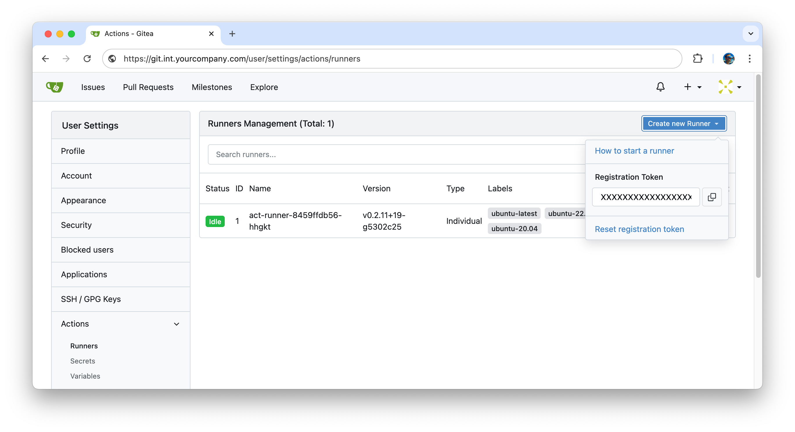 Get registration token for Gitea