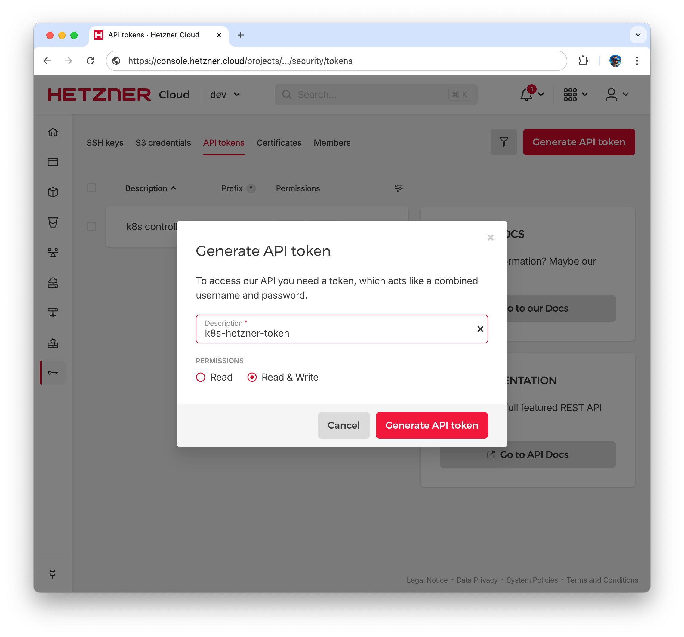 Create Hetzner Cloud API token